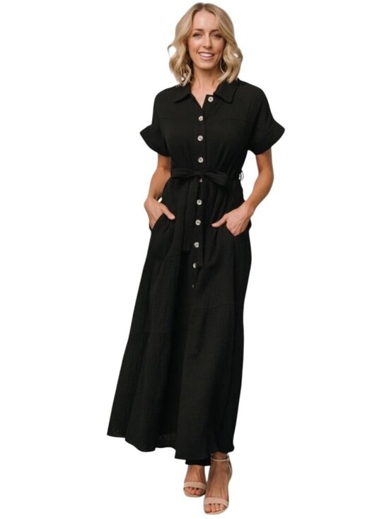 Baltic Born Dresses & Skirts - Baltic Born Aizey Black Button-Up slub cotton gauzy Maxi Dress Womens Size L